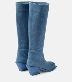 Buy GIA BORGHINI Blondine Denim Knee-high Boots - Blue At 50% Off | Editorialist Spring Knee-high Denim Boots, Spring Denim Knee-high Boots, Denim Knee-high Boots For Spring, Fitted Denim Blue Boots With Round Toe, Knee-high Spring Boots With Leather Sole, Spring Knee-high Boots With Leather Sole, Fitted Casual Heeled Boots With Leather Sole, Casual Fitted Heeled Boots With Leather Sole, Fitted Denim Knee-high Boots