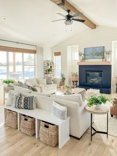 a living room filled with furniture and a fire place in the middle of a room