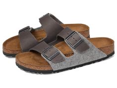 Birkenstock Arizona - Wool/Leather - Women's Shoes : Light Gray/Iron : Keep it classy and comfortable during your casual street strolls wearing the Birkenstock Arizona sandals. Slip-on style with dual buckle straps. Round open toe. Wool and leather upper. Leather lining and insole. Lightweight and shock-absorbing EVA outsole. Imported. Measurements: Weight: 8 oz Product measurements were taken using size EU 38 (US Women's 7-7.5), width Narrow. Please note that measurements may vary by size. Adjustable Buckle Footbed Sandals For Outdoor, Adjustable Buckle Closure Footbed Sandals For Outdoor, Casual Adjustable Double Strap Footbed Sandals, Outdoor Footbed Sandals With Buckle Closure And Round Toe, Casual Gray Leather Sandals, Outdoor Open Toe Footbed Sandals With Buckle Closure, Outdoor Open Toe Footbed Sandals With Buckle, Outdoor Slip-on Footbed Sandals With Buckle Closure, Outdoor Footbed Sandals With Buckle Closure