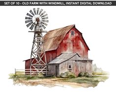 a watercolor painting of an old farm with windmill, instant digital printable image