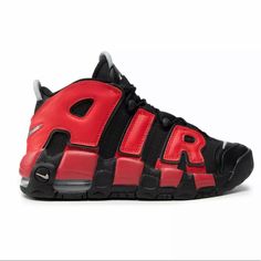 New Nike Air More Uptempo (Gs) Black/University Red Dm0017-001 Red Low-top Dynamic Basketball Shoes, Dynamic Red Low-top Basketball Shoes, Dynamic Red Nike Sneakers, Dynamic Red High-top Basketball Shoes, Red Dynamic High-top Sneakers, Nike Dynamic Sneakers With Red Sole, Nike Sneakers With Red Sole, Nike Sneakers With Red Sole, Sporty Style, Dynamic Red Sneakers With Round Toe