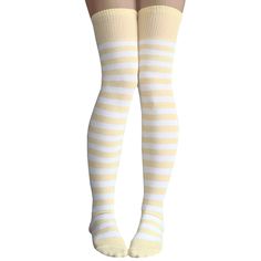 Soft over the knee socks with dandelion yellow and white stripes.  Made in USA Chrissy’s Socks 877-862-6267 Yellow Thigh High Socks, Cute Yellow Shoes, Trendy Striped Socks For Spring, Playful Yellow Socks For Summer, Trendy Yellow Summer Socks, White Knee-high Stockings For Spring, Cute White Legwear For Spring, Fitted Yellow Socks For Spring, White Fitted Knee-high Socks For Summer