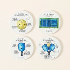 four plates with instructions on how to play tennis in the court, including an umbrella and pickleball