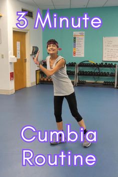 a woman holding a tennis racquet on top of a gym floor with the words, 5 minute cumbia routine