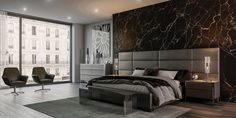 a modern bedroom with marble walls and flooring