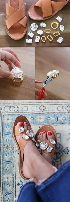 DIY Jeweled Sandals Diy Sandals Refashion, Diy Clothes Makeover, Diy Leather Sandals, Clothes Makeover, Diy Sandals, Diy Clothes And Shoes, Diy Vetement