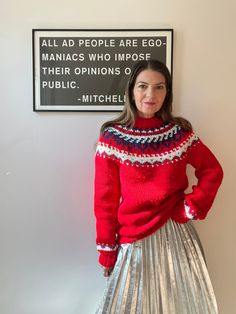 "Vintage red nordic sweater size medium Fair isle pattern bright red white and blue pattern oversized and cozy, I am a size small this is a handmade sweater and looks to be a med/large This has been laundered some pilling and because this is handmade some of the loop holes are uneven Tag states Handmade by Grace Feels like an acrylic blend, doesn't feel itchy so I don't think its wool Measurements: Length 26.5\" Chest 18\" Sleeves 26\" Measurements are taken flat Measurements: please allow a lit Fair Isle Sweater Outfit, White And Blue Pattern, Nordic Sweater, Handmade Sweater, Fair Isle Pattern, Outfit Inspiration Fall, Fair Isle Sweater, Pullover Sweater Women, Winter 2023