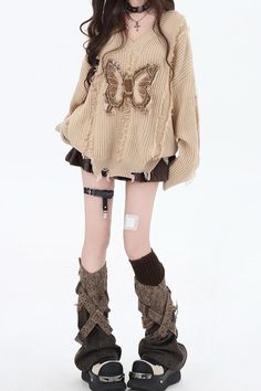 Distressed Butterfly Sweater, beige oversized sweater, fairy grunge outfits, fall outfits ideas Harajuku Fashion Outfits, Ocs Design, Beige Oversized Sweater, V Neck Knit Sweater, Butterfly Patch, Butterfly Sweater