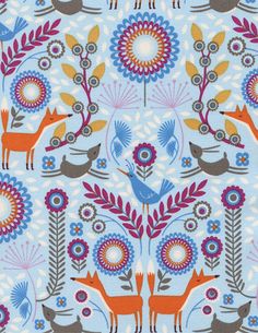 a blue and red pattern with animals on it