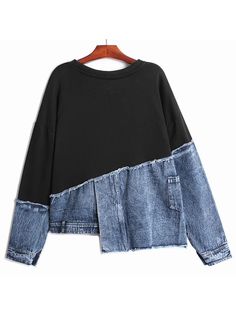 Toloer Loose Fit Denim Irregular Sweatshirt New Round Neck Long Sleeve Women Big Size Fashion Tide Spring Autumn 2023 1DE6103 Asymmetrical Clothing, Remake Clothes, Sweatshirt Makeover, Big Size Fashion, Loose Fit Denim, Clothing Upcycle, Fall Sewing, Upcycle Clothes Diy, Autumn 2023