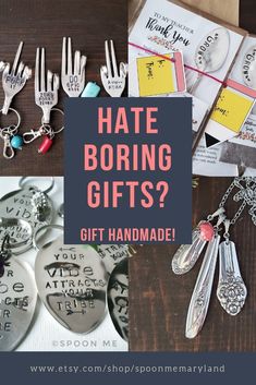 a table topped with lots of different items and text that reads hate boring gifts? gift handmade