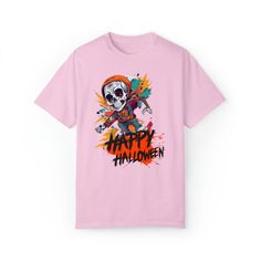 Get ready to haunt in style on Halloween with our unique t-shirt! Our exclusive design will make you the life of the Halloween party, you will be the center of attention and the most popular with this design that does not go unnoticed! But that's not all, our t-shirt is simply spectacular! It is printed on a high-quality unisex t-shirt, made from heavyweight cotton that ensures comfort and durability. It cannot be missing from your wardrobe, as it is always in fashion and in tune with the casual Rave Tops With Graphic Print For Halloween, Band Merch T-shirt With Halloween Graphic, Halloween Rave Tops With Graphic Print, Custom Print Band Merch T-shirt For Halloween, Halloween Graphic T-shirt For Fan Merchandise, Punk Halloween T-shirt With Screen Print, Halloween Graphic Design T-shirt For Fan Merchandise, Halloween Fan Merchandise T-shirt With Screen Print, Halloween Fan Merchandise T-shirt With Graphic Design