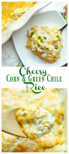 cheesy corn and green chile rice casserole on a white plate with a wooden spoon