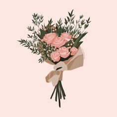 a bouquet of pink roses with greenery on a pink background is featured in this illustration