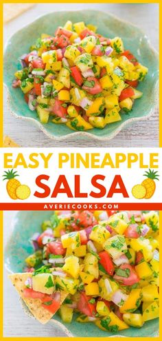 Pineapple Salsa, cinco de mayo food, spring food ideas, summer recipes, party appetizers Yellow Party Foods, Peach Mango Salsa, Tacos Fish, Summer Party Appetizers, Pool Snacks, Pineapple Salsa Recipe, Luau Food, Grilled Chicken Tacos, Averie Cooks