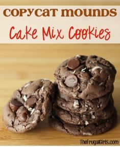 three chocolate cookies stacked on top of each other with the words copycat mounds cake mix cookies