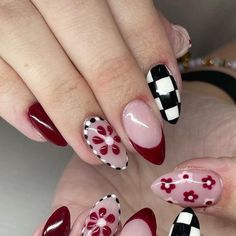 Spooky Nail Ideas Short, Fall Colorful Nails, Subtle Goth Nails, Funky Nails Fall, Fun Nail Ideas Creative, Checkered Valentines Nails, Cute Red Nail Designs, Red Checkered Nails, Fun Nail Designs Creative