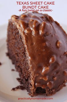 a piece of cake with chocolate frosting on top and the words texas sheet cake bundt cake