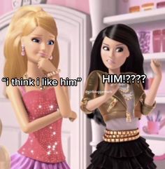 two barbie dolls are standing next to each other in front of a mirror with the caption think i like him?