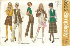 three women's clothing patterns from the 1970's, including vests and pants