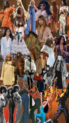 the collage shows many different people dressed in costumes and clothing, including one woman with long hair