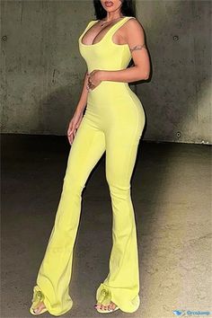 OrcaJump - Chic Solid Backless U Neck Skinny Jumpsuits for Casual Wear Casual Full-length Jumpsuit For Party, Casual Full-length Jumpsuits And Rompers For Party, Yellow Stretch Jumpsuit For Night Out, Casual Stretch Strapless Jumpsuit For Party, Trendy Stretch Yellow Jumpsuits And Rompers, Trendy Yellow Stretch Jumpsuits And Rompers, Casual Yellow Bodysuit For Party, Women Streetwear Summer, Strapless Beach Dress