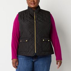 Keep the chill at bay with the warmth of this heavyweight quilted vest from St. John's Bay women's plus collection. Made from a woven fabric, it has a mock neck, button-flap side pockets, a zip closure, and gold-tone hardware.Features: EssentialsClosure Type: ZipperPockets: 2 Front Flap PocketsWarmth Factor: HeavyweightApparel Length: 27 InchesOuterwear Length: ShortFiber Content: 100% PolyesterFabric Description: WovenFilling Content: 100% PolyesterLining: LinedLining Material: PolyesterCare: T Womens Quilted Vest, Quilted Vests, Quilted Vest, Cold Weather, Mock Neck, Tumble Dryer, Woven Fabric, The Originals, Fabric