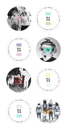 four circular stickers with different types of images and words on them, all in black and white