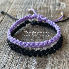 "These lovely bracelets are made with nylon cord. Designed for couples. The \"Hers\" bracelet is purple color and closes to around 6\"inches. It opens to around 9\" inches. The \"His\" bracelet is color black and closes to around 6.5\" inches. It opens to around 10\" These bracelets are perfect for couples. Includes Gift Box if you buy the set." Purple Resizable Friendship Bracelets, Purple Resizable Bracelets For Friendship, Resizable Purple Beaded Friendship Bracelets, Adjustable Purple Beaded Bracelet, Adjustable Purple Braided Bracelet With Sliding Knot, Adjustable Lavender Bracelet For Gift, Adjustable Lavender Jewelry For Everyday, Adjustable Purple Braided Bracelet, Casual Adjustable Purple Braided Bracelets