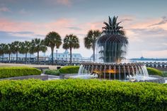 a pineapple fountain in front of the ocean with palm trees and water behind it