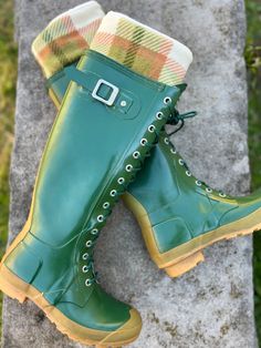 These Original SLUGS Fleece Boot Liners are a must have for your tall Hunter rain boots and Xtratuf rain boots they are Ivory bottom with a Hunter/Olive Green, Rust, Ivory Plaid Pattern Cuff. SLUGS Fleece Boot Liners are stretchy and come in two sizes Small/Medium (6-8) and Medium/Large (9-11). You will live in these fleece boot liners! Completely practical and comfortable...and they just so happen to look really cute, as well! Fleece is so soft and comfortable! Once you wear your rain boots with SLUGS you will never want to wear them without SLUGS. The actual intention for these wonderful fleece socks is to prevent that annoying problem of socks slipping down in your boots! They are long enough that the top cuff can be folded over the top of your boots even Hunters, to keep your feet and Green Rain Boots For Fall Outdoor Activities, Green Rain Boots For Outdoor Fall Activities, Green Rain Boots For Fall Outdoor Use, Green Fall Rain Boots For Outdoor, Green Rubber Sole Rain Boots For Outdoor, Green Rain Boots, Playful Non-slip Rain Boots For Rainy Weather, Waterproof Ankle-high Rain Boots, Green Non-slip Rain Boots For Outdoor