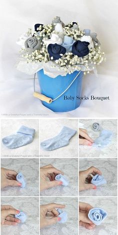 the instructions for how to make an adorable baby's sock bouquet with flowers in it