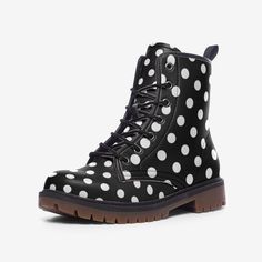 Polka Dot Boots Black And White Vegan Leather Lace Up Combat Boots Polka Dots Shoes Rave Wear Festival Shoes Faux Leather Boots Rubber sole Faux Leather Padded collar for added comfort Lace-up front Wide Fit PROCESSING : -Your Boots are made to order, meaning we print them special just for you when your order is placed. Please allow 2 - 7 business days for us to print your Boots. -The average shipping time is 7 - 20 business days depending on the delivery destination. Retro Black Boots For Spring, Photography Shirts, Vintage Shoes Women, Polka Dot Shoes, Festival Shoes, Lace Up Combat Boots, Faux Leather Boots, Rave Wear, Leather Lace