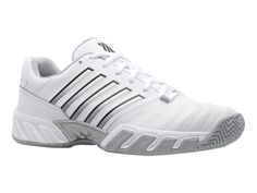 the adidas tennis shoe is white and has grey stripes on the upper part of the shoe