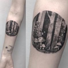 a tattoo with an image of mushrooms and trees on the side of the arm that has a red circle in front of it