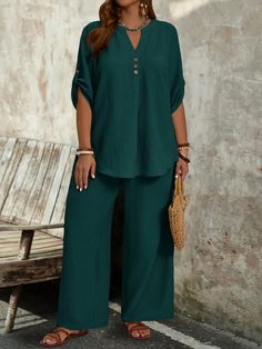 Verde Oscuro Casual Collar   Liso  Embellished No-Elástico Wide Leg Pants Plus Size, Plus Size Blouse, Dress Design Patterns, Pants Plus Size, Pinterest Fashion, Co Ords, Plus Size Blouses, Design Patterns, Long Pants