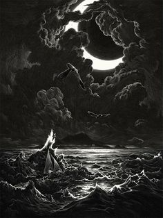 a black and white drawing of a person on a boat in the ocean at night