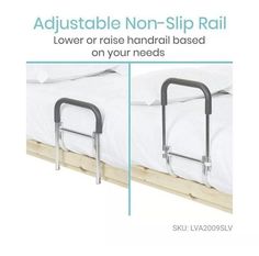 an adjustable non - slip rail is on the side of a bed