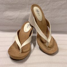 Brand New Without Box Cream Slip-on Wedge Sandals For Beach, Cream Open-heel Sandals For Summer, Chic Cream Sandals With 4-inch Heel, Cream Sandals With Heel Loop, Medium Width, Beige Synthetic T-strap Sandals For Beach, Golden Girls, Cream White, Dream Wardrobe, Women's Shoes Sandals