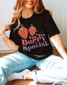 We think you are berry special and deserve this super cute summer tee! This t-shirt is perfect for everyday summer wear, or makes for a berry sweet gift to someone you love!  Are you looking for your new favorite t-shirt? This classic unisex jersey short sleeve tee is definitely a favorite in our book. Our graphic tees are custom created specifically for you. Select your shirt style, color, size and print design. ❃ ❃ ❃ PRODUCT SIZING AND FABRIC CONTENT One listing, multiple color options. ❃ Size Cute Slogan T-shirt, Sweet Summer T-shirt With Graphic Print, Sweet Graphic Print T-shirt For Summer, Sweet Summer T-shirt With Crew Neck, Fun Strawberry Print Crew Neck T-shirt, Summer Sweet T-shirt With Letter Print, Sweet Summer T-shirt With Letter Print, Cute Short Sleeve T-shirt With Strawberry Print, Cute Strawberry Print Short Sleeve T-shirt