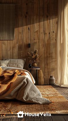 a bedroom with wood paneling and a large bed covered in a yellow comforter