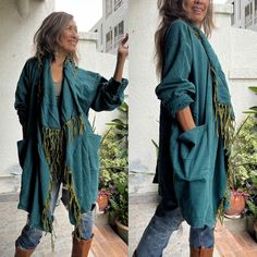 Handmade boho stone wash fringe duster. 100% cotton. color 2 tone. 2 Pockets in the front. There is a big size coconut button so can be worn 2 different ways open style Or wrap in the front. Measurements: One size fit all. Length 35 inches. Sleeve length 23 inches. CARE: Machine wash cold separate.Machine wash cold.Machine wash cold. .These kimono are made from Raw Cotton- In the process of making these kimono the cotton has to be washed and processed before it lands in its comfortable wearable state. Bohemian Outerwear With Frayed Hem For Festivals, Bohemian Outerwear With Frayed Hem For Spring, Festival Long Sleeve Outerwear With Frayed Hem, Bohemian Long Sleeve Outerwear With Frayed Hem, Bohemian Spring Outerwear With Fringe, Bohemian Winter Outerwear With Natural Dye, Bohemian Long Sleeve Fringe Outerwear, Green Bohemian Outerwear For Festival, Fall Festival Outerwear With Boho Collar