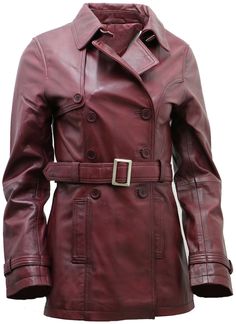 New Mens Womens Boots Luggage Women's 3/4 Burgundy Ladies Lamb Nappa Leather Trench Coat Stylish, feminine and practical this smart three quarter length jacket that is modelled on the classic trench coat design. This double breasted coat is crafted from the softest Nappa lambskin and has a feminine cut silhouette. For added comfort the regular fit coat features a belt tie at the waist line and belt buckle surrounding the cuffs which helps provide a smart and sophisticated finish. This is the per Classic Long Burgundy Coat, Classic Burgundy Long Coat, Classic Long Coat Leather Jacket With Belt, Classic Belted Long Leather Jacket, Classic Double-breasted Leather Jacket For Winter, Classic Long Belted Leather Jacket, Classic Double-breasted Winter Leather Jacket, Classic Burgundy Outerwear With Buttons, Classic Burgundy Leather Outerwear