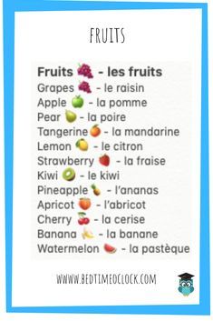 an image of fruits in french with the words fruits on it and pictures of them