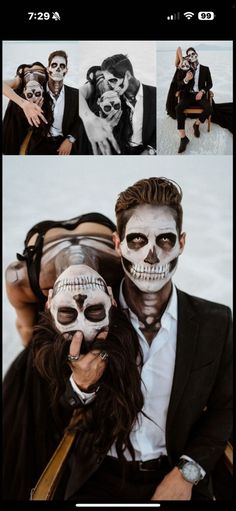 two people dressed up in skeleton makeup, one is holding a woman's head