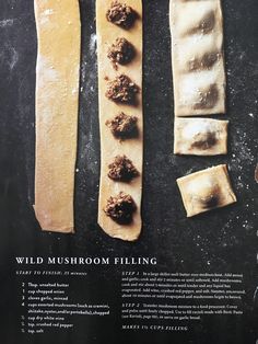 an advertisement for wild mushroom fillings on a black surface with other ingredients in the background