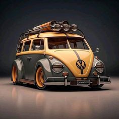 an old vw bus with surfboards on top