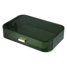 an empty green plastic container on a white background