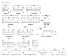 the sizes and measurements of sofas for different types of living room furniture, including two couch