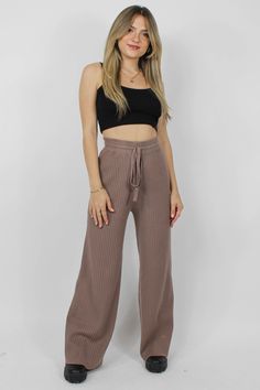 Sizing: *inseam may vary* DISCLAIMER: please note these pants have stretch and the measurements provided are prior to stretch X-Small - Waist: 22-24 inches Inseam: 27.5 inches Small - Waist: 23-25 inches Inseam: 27.5 inches Medium - Waist: 24-26 inches Inseam: 28.5 inches Large - Waist: 27-29 inches Inseam: 29 inches X Chic Elastane Sweatpants For Loungewear, Chic Ribbed Elastane Bottoms, High-waisted Elastane Pants For Loungewear, Stretch Brown Wide Leg Pants For Loungewear, Brown Full-length Loungewear Pants, Brown Loungewear Pants, Stretch Ribbed Wide Leg Pants Full Length, Spring Ribbed Elastane Pants, Brown Loungewear Pants With Ribbed Waistband